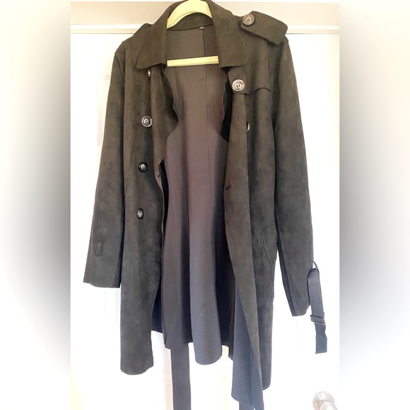 EUC Yira Lightweight Black Faux Suede / Neoprene Trench Coat in Size Large - Picture 4 of 9